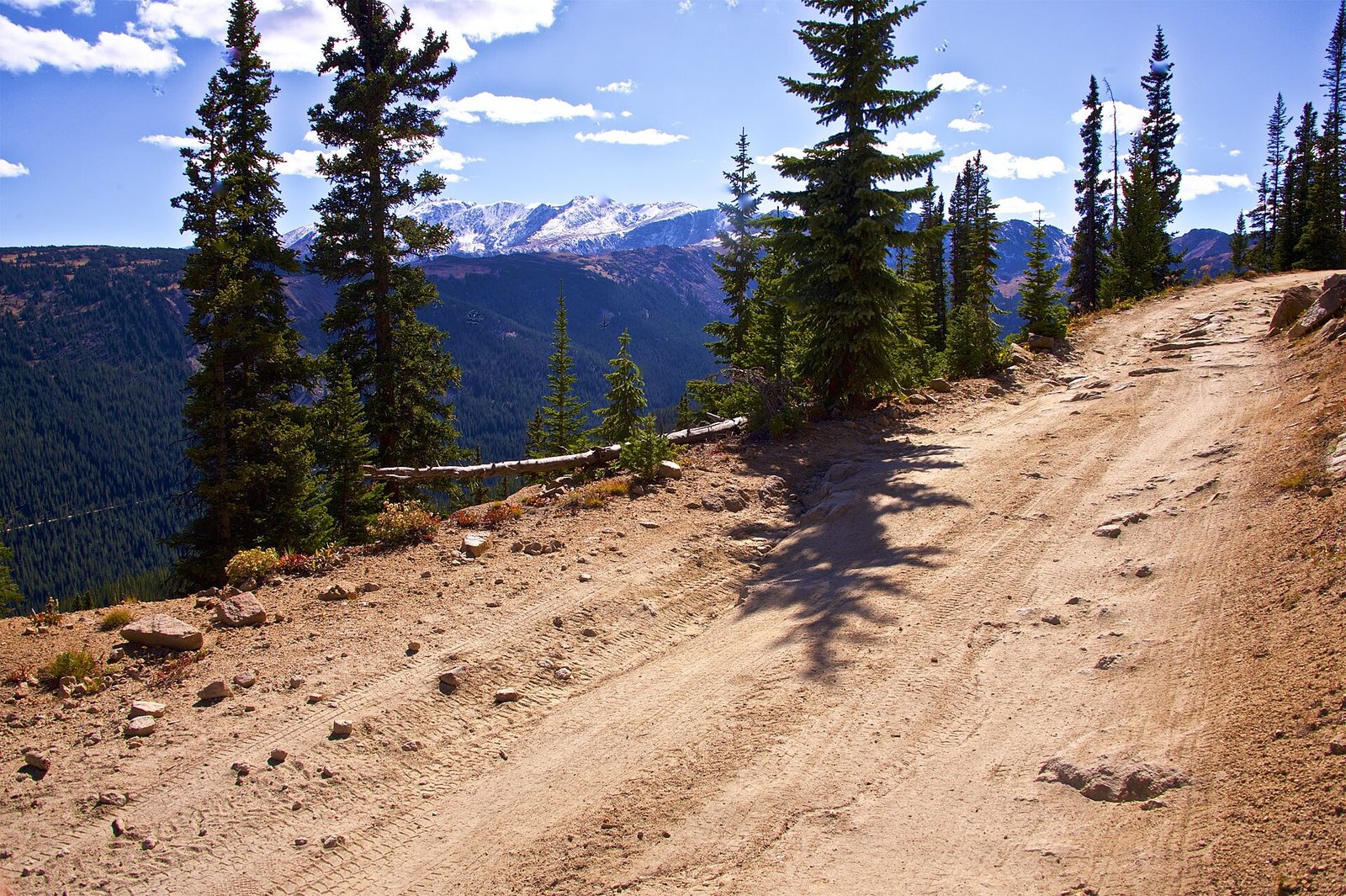 A dirt road climbing through spruce toward Hagerman Pass with distant peaks