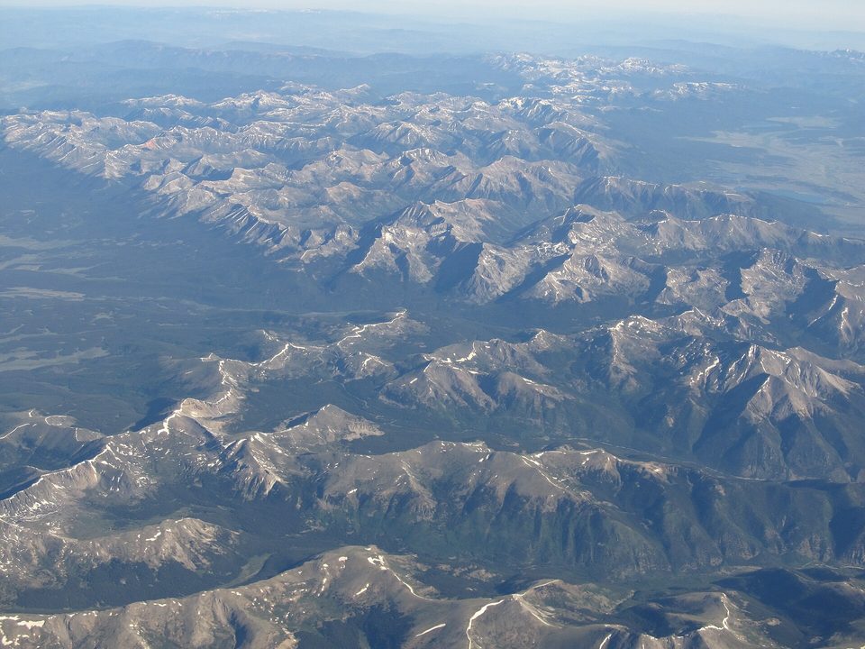 Aerial view of the snow-streaked ridges of the Sawatch Range around Mount Elbert