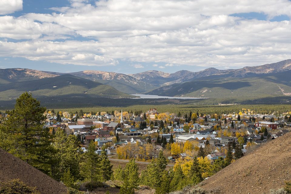 Turquoise Lake and the Sawatch Range in fall color, seen from above Leadville